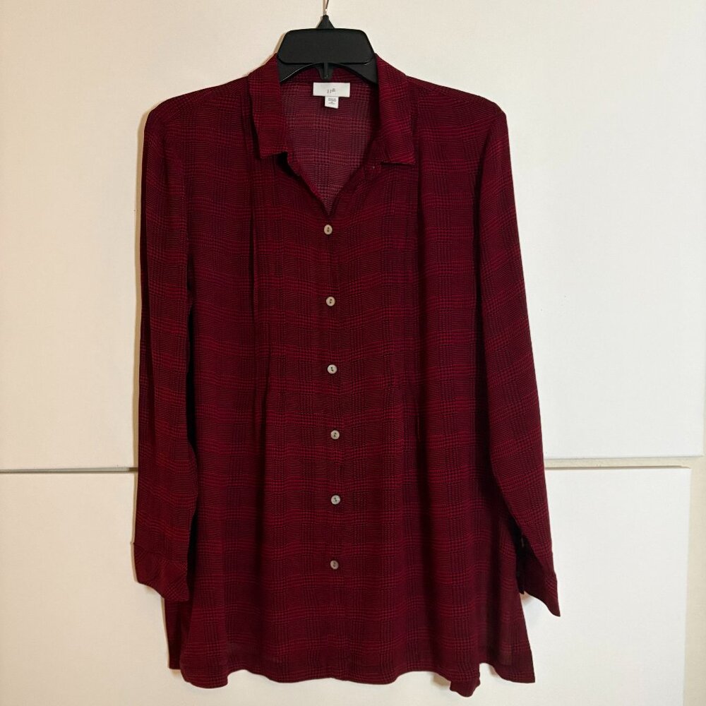 J. Jill Red and Black Plaid Long Sleeve Pleated Button Side Slits Top Size (M) P